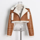 Trizchlor 2023 New Fashion Suede Teddy Brown Woman Jacket Vintage Patchwork PU With Zipper Winter Coat Women Female Outwear Tops
