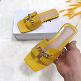 Trizchlor 2023 Women Square Toe Chain Slippers Woman Slide Metal Transparent Flat Shoes Female Peep Toe PU Leather Ladies Summer Plus Size