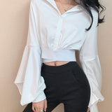 Trizchlor 2023 Spring Sexy Y2k Blouse Women V Neck Button Long Sleeve Vintage Casual Crop Tops Female Outdoor Korean Fashion Chiffon Shirt
