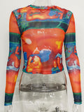 Trizchlor Sexy Print Y2K Crop Top Women Long Sleeve Tie-dye Fashion Streetwear Mesh Top Women Skinny 2022 Auutmn New Orange Print