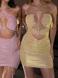 Gold Sequin Sexy Party Dresses For Women 2023 Cut Out Bandage Bodycon Dress Spaghetti Strap Backless Ruched Mini Dress Club