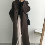 Trizchlor Retro Winter Loose Women Long Belted Woolen Coats Female Warm Full Sleeve Notched Autumn Oversized Cardigan Overcoats