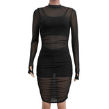 Trizchlor Black Transparent Mesh Sexy Dress Women Long Sleeve Ruched Bodycon Midi Dress Party Night Club Wear Summer Outfits 3 Piece Set