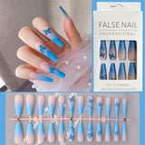 Trizchlor 24Pcs Matte Fake Nails Extra Long Ballerina Coffin Dark Blue Colorful Rhinestone Decals False Nails With Designs Nail Art