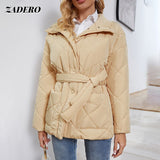 Trizchlor Fashion Argyle Warm Parkas With Belt Woman 2022 Winter Warm Cotton Padded Jackets Ladies Office Elegant Lined Quilted Short Coat