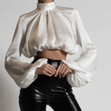 “Back to Collegeââ‚? Satin Blouses Solid Stand Collar Lantern Sleeve Cropped Tops Elegant White Shirts Fashion Ladies Blouse Streetwear