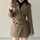 Trizchlor Vintage Houndstooth Jacket Blazer Women Plaid Lady Suit Jacket With Belt Long Sleeve Female Tailored Coat Street Wear New