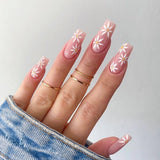 Trizchlor Pink False Nails With Small Flower Design Detachable Long Coffin French Ballerina Fake Nails Full Cover Nail Tips Press On Nails