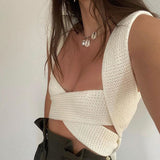 Fall Winter Knitted Crop Tops Sweaters Sleeveless Pullover Female Bandage Sweater Solid Chic Fashion Top Women