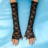 Trizchlor Long Lace Hollow-Out Fingerless Gloves Sun Protection Sleeves Mesh Lace Thin Cycling Sexy Accessories Black Bare Finger Gloves