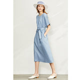 Trizchlor Minimalism New Causal Women's Dress Offical Lady 100%Linen Oneck Loose Belt Calf-Length Women's Summer Dress 12140192