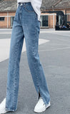 Trizchlor Christmas Gift Women Jeans Black Flare Pants Front Side Slit Leg 2023 Fall High Waist Bell Bottom Jeans Full Length Denim Clothes