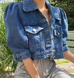Trizchlor Christmas Gift Crop Denim Jacket Women Puff Sleeve 2023 Summer Street Korean Fashion Designer Short Blue Jean Coat Ladies Outerwear