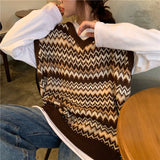 Trizchlor Sweater Tops Pull Vintage Brown Black Sweaters Vest Women Preppy Style Plaid Knitted Sweater V-Neck Loose Sleeveless Pullover