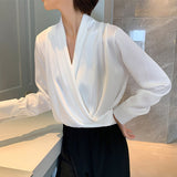 Trizchlor Silk Satin Blouses Women Tops Korean Fashion Long Sleeve Button Up Shirt Clothes Office Lady Solid V-Neck White Beige Blue