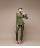 Fashion Green Women Blazer Set Double-breasted Slim Jacket & Pencil Pant Women Pant Suit Ladies Work Suit Female 2 Piece Set