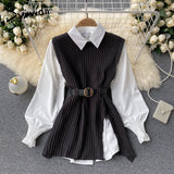 Christmas Gift Woman Sweater Vest Lantern Sleeve Shirt Two Piece Sets with Waistband 2021 Fall Fashion Jumpers Office Lady Pullover