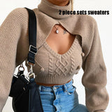 Glamaker Hairball 2 piece set women autumn winter turtleneck crop sweaters vest knit top Sexy backless knitted chic new jumper