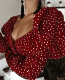 Vintage Polka Dot Women Puff Long Sleeve Wrap Top Elegant 2023 Lace Up Red Crop Top Blouse Sexy Backless Chic Female Shirts