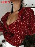 Vintage Polka Dot Women Puff Long Sleeve Wrap Top Elegant 2020 Lace Up Red Crop Top Blouse Sexy Backless Chic Female Shirts