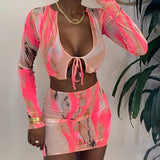 Trizchlor Print Fashion Long Sleeve Tie Front Top and Skirt Sheer Mesh Sexy Two Piece Set Mini Skirt Party Club Matching Set