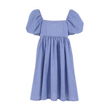 Vintage Casual Short Dress Summer Women Puff Sleeve A Line Dresses High Waist Square Collar Linen Ladies Dress Khaki 2023