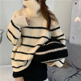 Trizchlor Casual All-Match Home Women's Sweater Thick Warm High-Neck Loose Striped Ladies Sweater