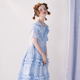 Trizchlor blue lace princess cake dress to send suspenders sweet and thin mid-length skirt short-sleeved female spring and summe 2022