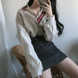 Christmas Gift Two Pieces Sets Women Striped Shirts Single Breasted and V-neck Sweater Vest Korean Style Chic Trendy Popular Female Ulzzang Ins