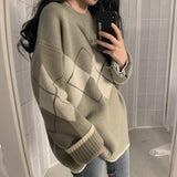 Trizchlor Woman Argyle Sweaters Autumn Winter 2023 Pullovers Long Sleeve O-Neck Loose Knitted Korean Tops Casual Vintage Jumper