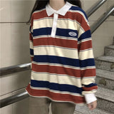 Trizchlor Retro Ins Stripe Hit Color Wild Loose Polo Collar Pullover Sweatshirt Women Loose Harajuku Street Korean Style Top Autumn