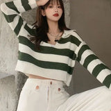 Trizchlor New 2023 Autumn Winter Women Sweater Polo Collar Pullovers Knitted Striped Korean Elegant Wild Ladies Jumpers