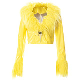 Trizchlor Y2k Yellow Vintage Fuzzy Faux Fur Collar PU Leather Jackets Women 2022 Winter High Street Casual Solid Color Short Coats Jacket