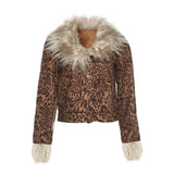 Trizchlor Y2K Leopard Print Jackets Women 2022 Winter Faux Fur Collar Lined Long Sleeve Slim Short Coats Lady High Street Fashion Jackets