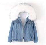 Trizchlor Winter Women Warm Denim Coats Faux Fur Hooded Top Plush Lining Thick Long Sleeve Frayed Casual Solid Color Jean Jacket 709