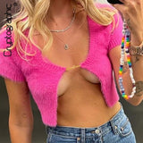 Trizchlor Chic Fashion Mohair Sexy Tops for Women Short Sleeve Cardigan Autumn Letters Chain Elegant Top Knitwear Clothes