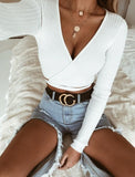 Trizchlor 2022 Summer Women Slim T-Shirt Black White Khaki Long Sleeve T Shirt Cross V-Neck Sexy Crop Top