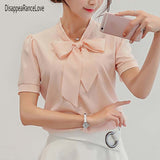 Trizchlor 2022 New Bow Neck Women's Clothing Spring Short-Sleeved Chiffon Blouse Shirt Solid Pink Formal Women Tops Blusas