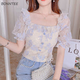 Christmas Gift Blouses Women Summer Elegant Patchwork Simple Puff Sleeve Leisure Lace Fashion Square Collar All-Match French Style Female Retro