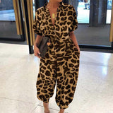 Trizchlor 2022 Sexy V-Neck Button Lace-Up Jumpsuit Summer Short Sleeve Loose Playsuit Overalls Women Elegant Leopard Print Pocket Rompers Office Suit