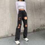 Trizchlor Hole Ripped Black Woman Distressed Jeans Casual Hip Hop High Waist Pants Capris Pocket Straight Denim Trousers Ladies