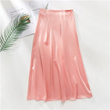 Women's Pink Green Silk Satin Skirt 2021 Vintage Korean Style Long High Waist Midi Skirt For Women A-Line Elegant Skirts Summer