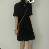 Graduation gift Dress Women A-line Pleated Black Dresses Preppy Style Harajuku V-neck Girls Summer Loose Hot Selling Simple Basic All-match Chic