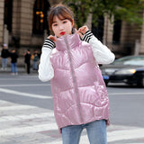Christmas Gift Women's Shiny Autumn Winter Puffer Vest Solid  Casual Ladies Sleeveless Jacket Zipper Stand Collar Waistcoat for Female