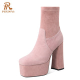 TRIZCHLOR 2022 High Heels Women's Boots Female Thick Platform Shoes Flock Ankle Boots Concise Solid Women Shoes Pink Black Autumn Winter