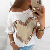 Women Elegant Butterfly Sequined Print Blouse Shirts Sexy Off Shoulder Short Sleeve Pullover Tops Ladies Casual Slash Neck Blusa
