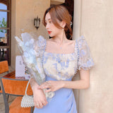 Christmas Gift Blouses Women Summer Elegant Patchwork Simple Puff Sleeve Leisure Lace Fashion Square Collar All-Match French Style Female Retro