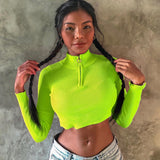 Trizchlor 2022 Spring Casual Neon Crop Tops T-shirt Women Solid Sexy Fitness Zipper Tees O-neck Long Sleeve T Shirts Blusas Female