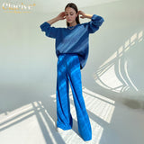 TRIZCHLOR Blue Office Women'S Pants 2021 Fashion Loose Full Length Ladies Trousers Casual High Waist Wide Pants For Women