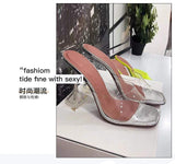 Trizchlor Transparent crystal heel slippers women's summer new fashion wine glass heel square toe fashion sandals Large size
